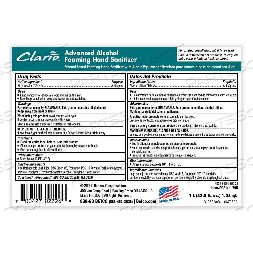 CLARIO ADVANCED ALCOHOL FOAMING SANITIZER, 1,000 ML BAG, CITRUS by Betco Corporation