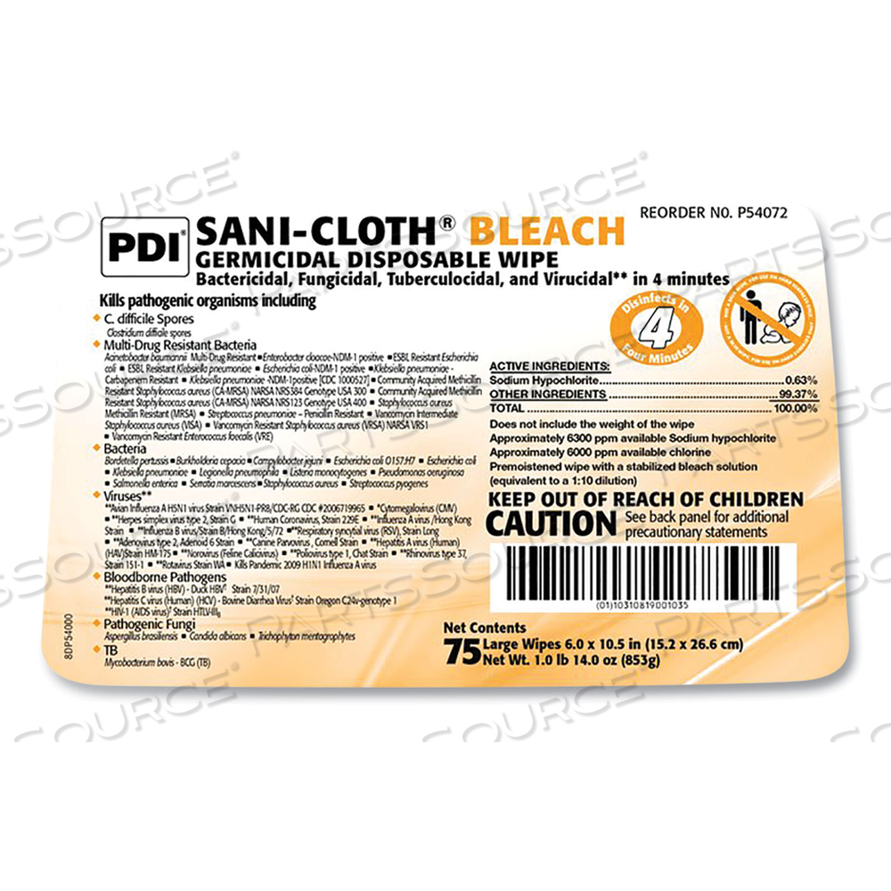 SANI-CLOTH BLEACH GERMICIDAL DISPOSABLE WIPES, DEEP-WELL LID CANISTER, 10.5 X 6 