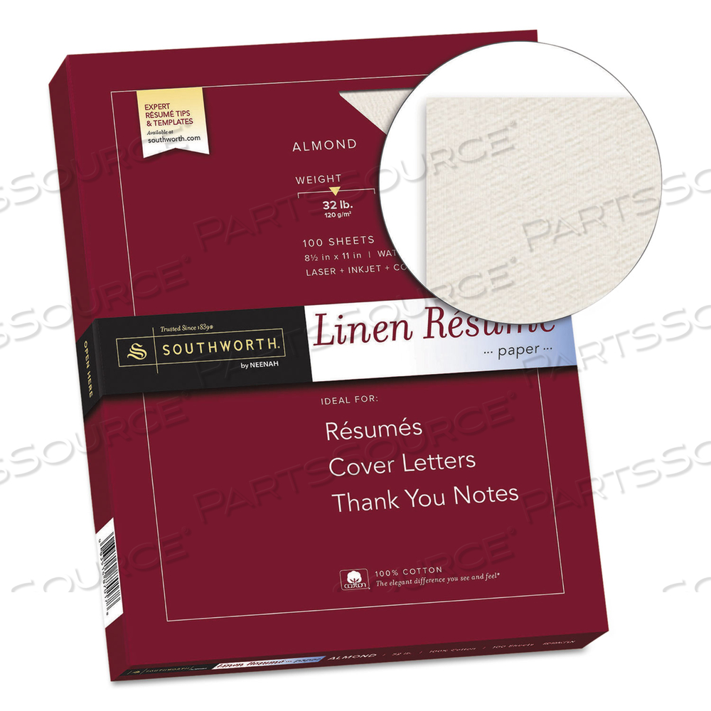 100% COTTON PREMIUM WEIGHT LINEN RESUME PAPER, 32 LB BOND WEIGHT, 8.5 X 11, ALMOND by SOUTHWORTH PRODUCTS CORP 100% COTTON PREMIUM WEIGHT LINEN RESUME PAPER, 32 LB BOND WEIGHT, 8.5 X 11, ALMOND by SOUTHWORTH PRODUCTS CORP