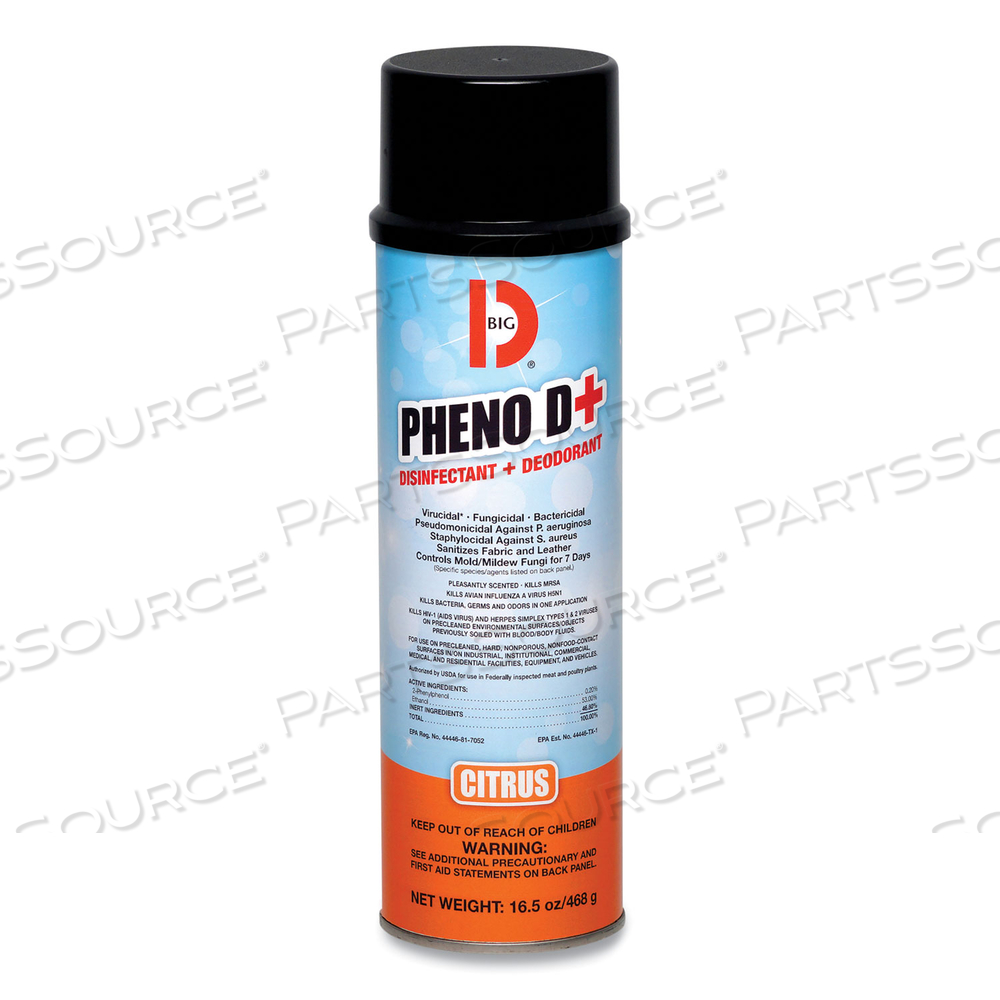 PHENO D+ AEROSOL DISINFECTANT/DEODORIZER, CITRUS SCENT, 16.5 OZ AEROSOL SPRAY CAN by Big D PHENO D+ AEROSOL DISINFECTANT/DEODORIZER, CITRUS SCENT, 16.5 OZ AEROSOL SPRAY CAN by Big D