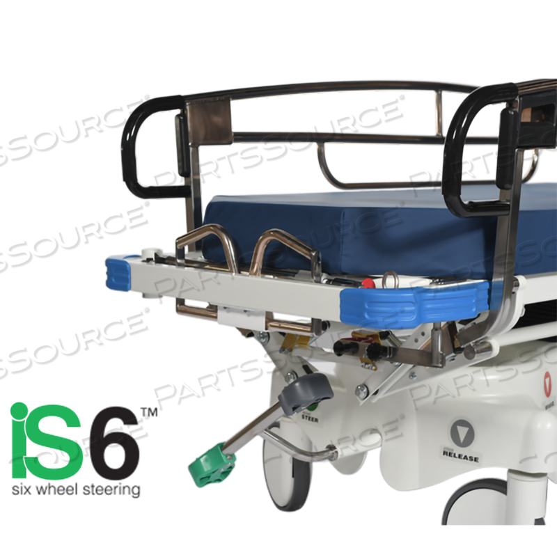 7500-W GUARDIAN PACKAGE, INCLUDES 7500-W STRETCHER WITH INSTANT STEER 6TH WHEEL STEERING, QUICK-RELEASE O2 HOLDER, SIDERAIL UPGRADE- DUAL RELEASE SIDERAILS. MADE WITH CUVERRO BACTERICIDAL COPPER ALLOY (#750302), 4" PREMIUM MATTRESS (#5853002), FOLD DOWN IV POLE (#59175001),  by Pedigo Products, Inc.