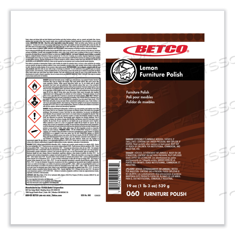 LEMON FURNITURE POLISH, LEMON SCENT, 19 OZ AEROSOL CAN by Betco Corporation LEMON FURNITURE POLISH, LEMON SCENT, 19 OZ AEROSOL CAN by Betco Corporation
