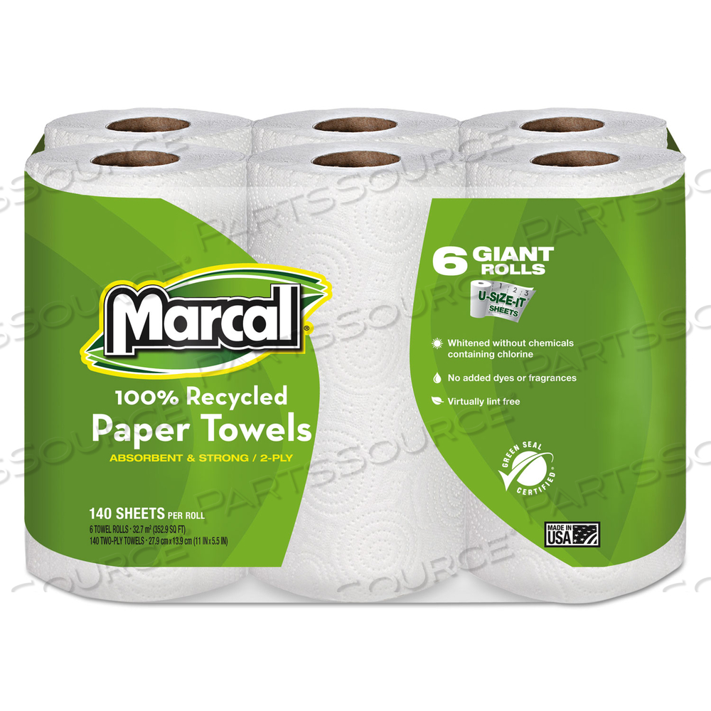 100% PREMIUM RECYCLED KITCHEN ROLL TOWELS, 2-PLY, 11 X 5.5, WHITE, 140/ROLL/PACK by Marcal 100% PREMIUM RECYCLED KITCHEN ROLL TOWELS, 2-PLY, 11 X 5.5, WHITE, 140/ROLL/PACK by Marcal