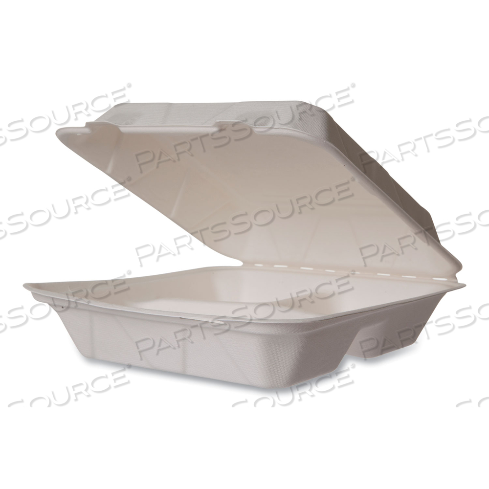 WHITE MOLDED FIBER CLAMSHELL CONTAINERS, 3-COMPARTMENT, 9 X 18 X 2, WHITE, SUGARCANE by Vegware