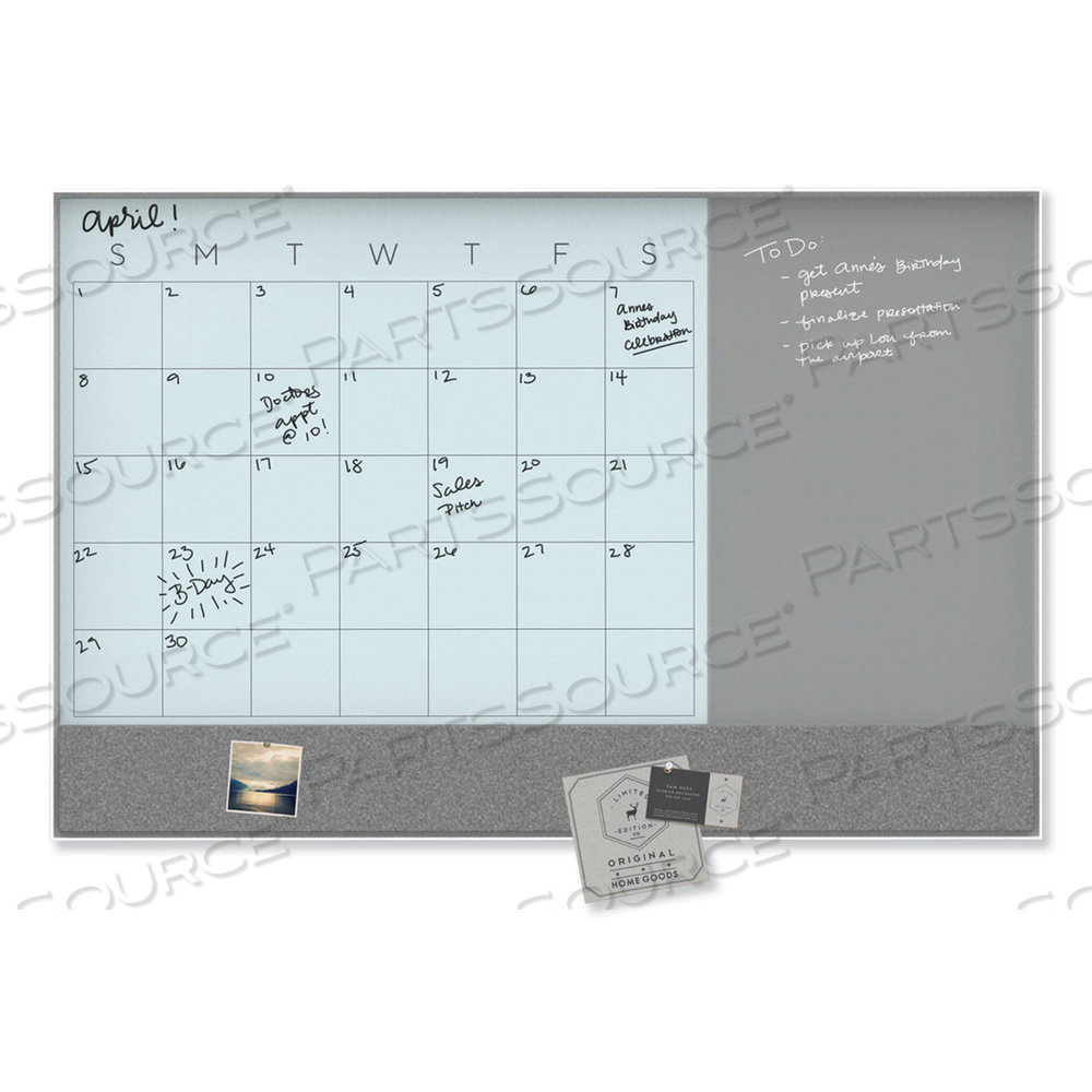 3N1 MAGNETIC GLASS DRY ERASE COMBO BOARD, 48 X 36, MONTH VIEW, WHITE SURFACE AND FRAME by U Brands