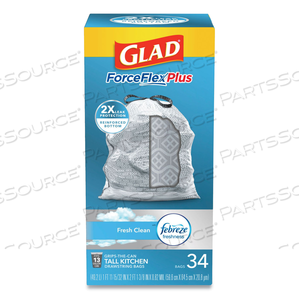 FORCEFLEXPLUS ODORSHIELD TALL KITCHEN DRAWSTRING TRASH BAGS, 13 GAL, 0.9 MIL, 24" X 28", WHITE, 34 BAGS/BOX by Glad
