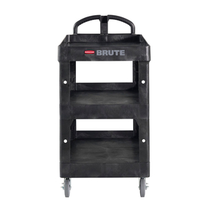 BRUTE 3-SHELF HEAVY-DUTY ERGO LIPPED UTILITY CART, RESIN, 3 SHELVES, 600 LB CAPACITY, 25.24" X 44" X 47", BLACK by Rubbermaid Medical Division BRUTE 3-SHELF HEAVY-DUTY ERGO LIPPED UTILITY CART, RESIN, 3 SHELVES, 600 LB CAPACITY, 25.24" X 44" X 47", BLACK by Rubbermaid Medical Division