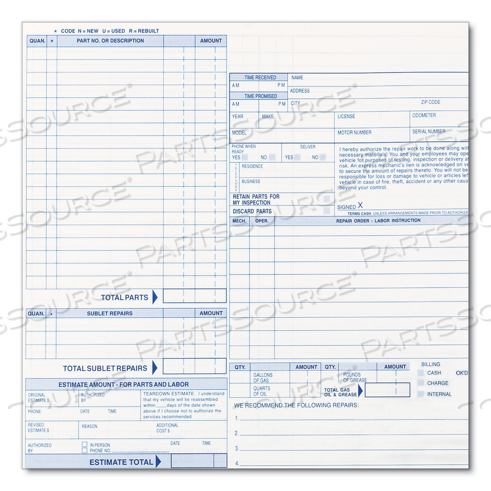 SPEEDISET FOUR-PART AUTO REPAIR FORM, FOUR-PART CARBONLESS, 11 X 8.5 by Rediform