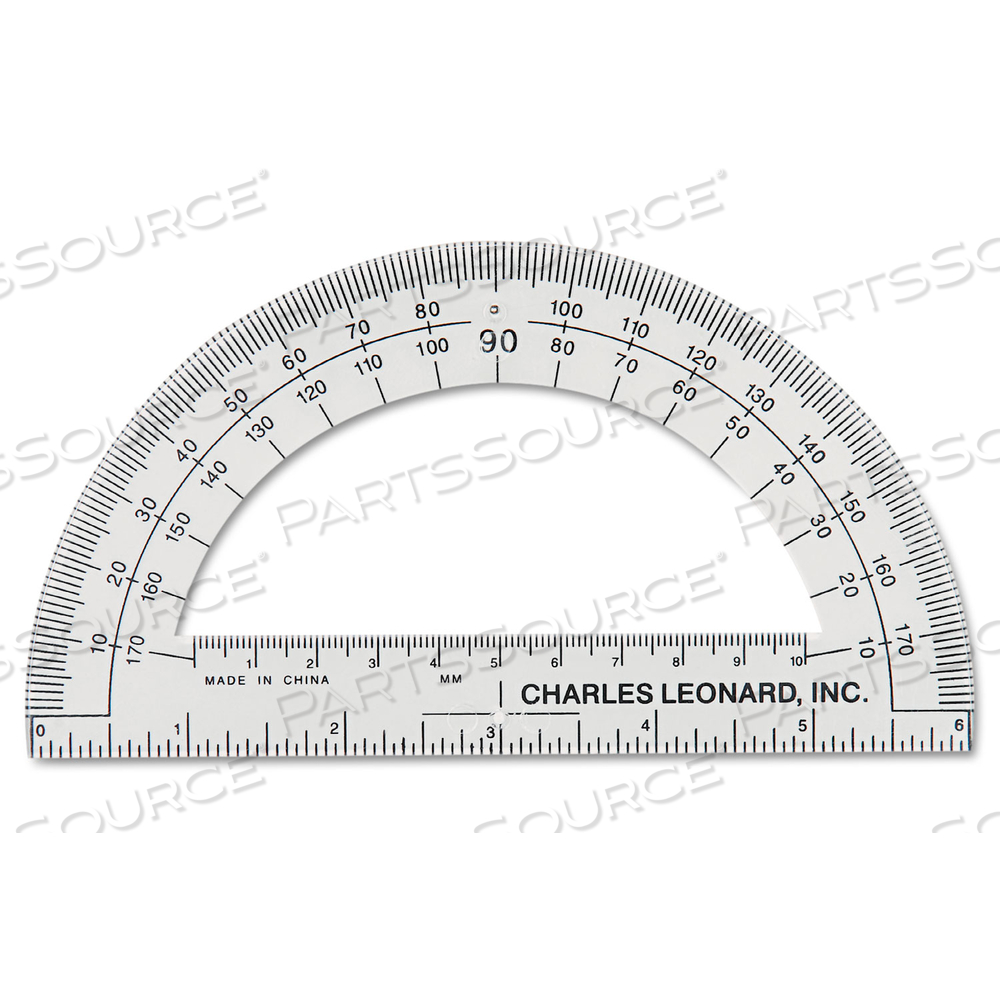 OPEN CENTER PROTRACTOR, PLASTIC, 6" RULER EDGE, CLEAR by Charles Leonard