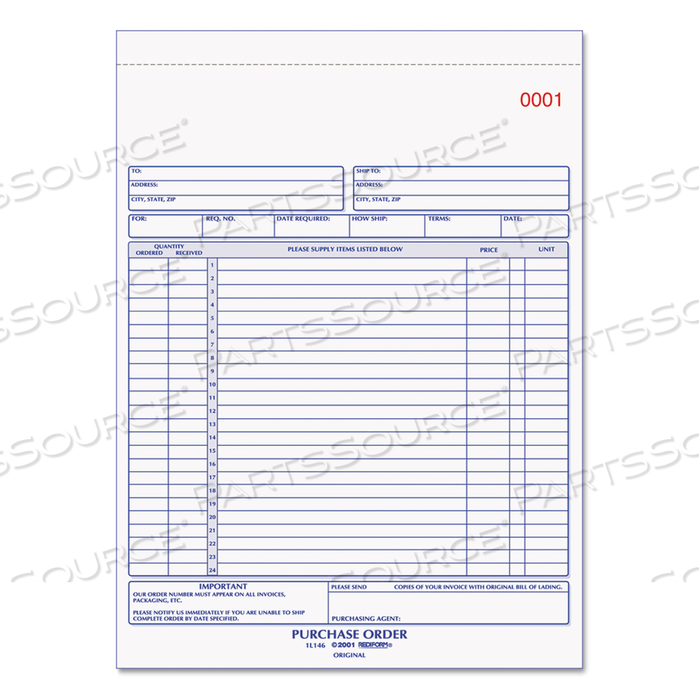 PURCHASE ORDER BOOK, 17 LINES, TWO-PART CARBONLESS, 8.5 X 11, 50 FORMS TOTAL by Rediform