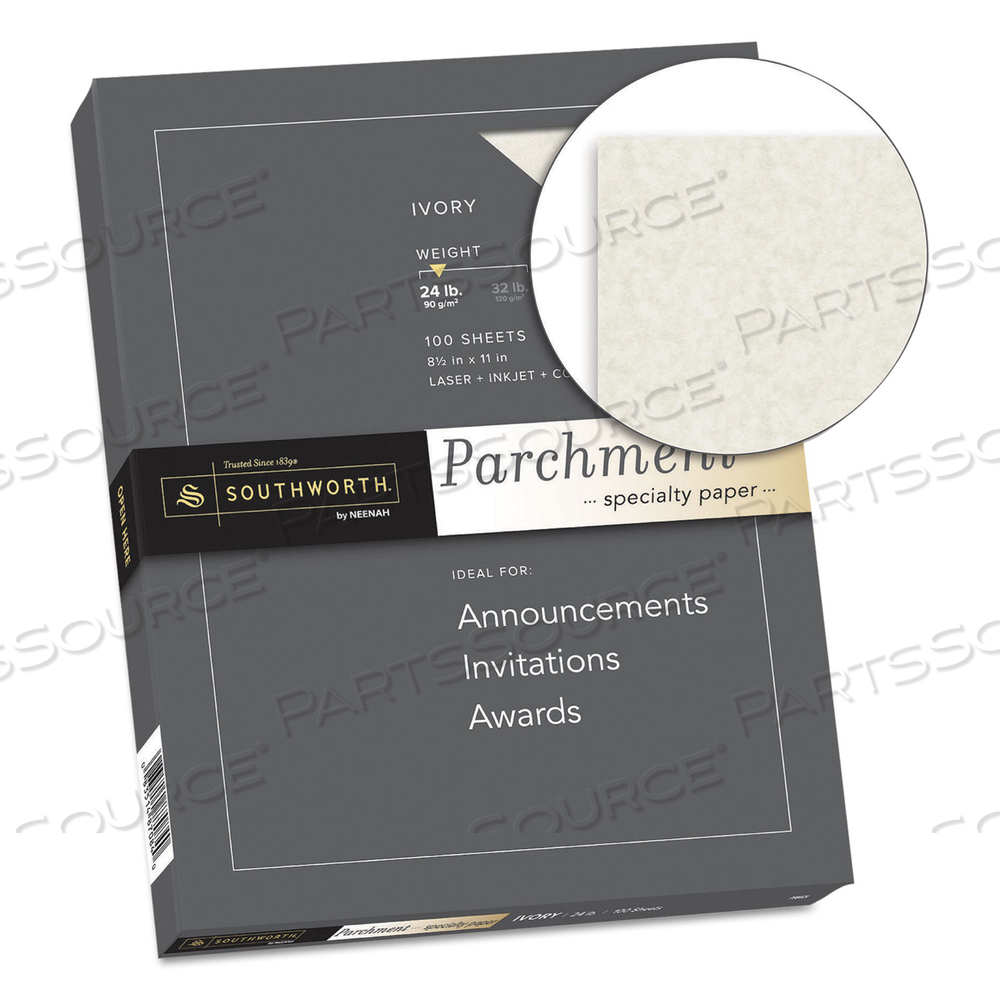 PARCHMENT SPECIALTY PAPER, 24 LB BOND WEIGHT, 8.5 X 11, IVORY by SOUTHWORTH PRODUCTS CORP PARCHMENT SPECIALTY PAPER, 24 LB BOND WEIGHT, 8.5 X 11, IVORY by SOUTHWORTH PRODUCTS CORP