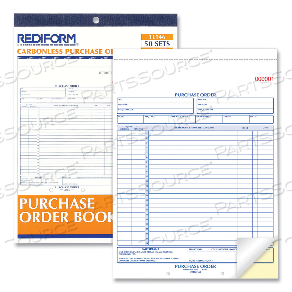 PURCHASE ORDER BOOK, 17 LINES, TWO-PART CARBONLESS, 8.5 X 11, 50 FORMS TOTAL by Rediform