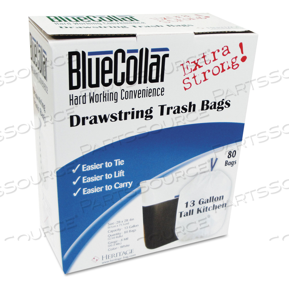 DRAWSTRING TRASH BAGS, 13 GAL, 0.8 MIL, 24" X 28", WHITE, 40 BAGS/ROLL 