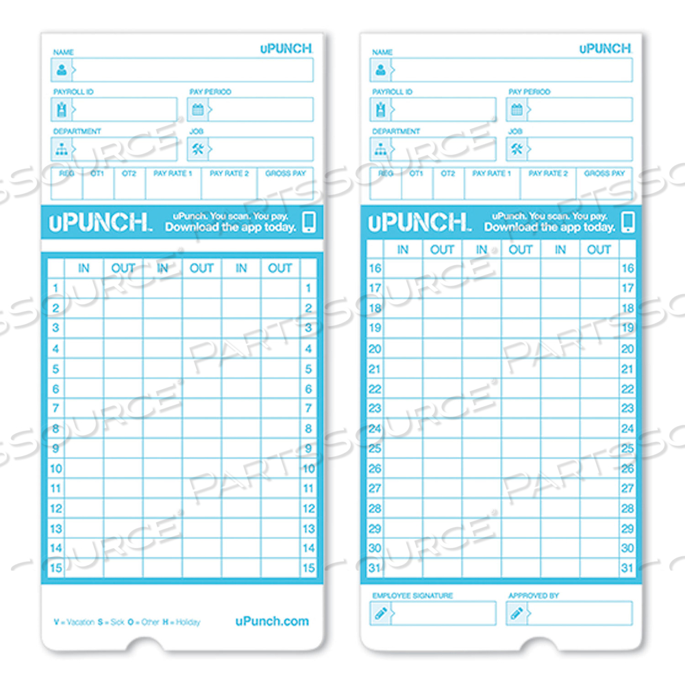 PAY-TO-PUNCH TIME CARD FOR SB1200 TIME CLOCK, TWO SIDES, 3.38 X 7.38 by uPunch