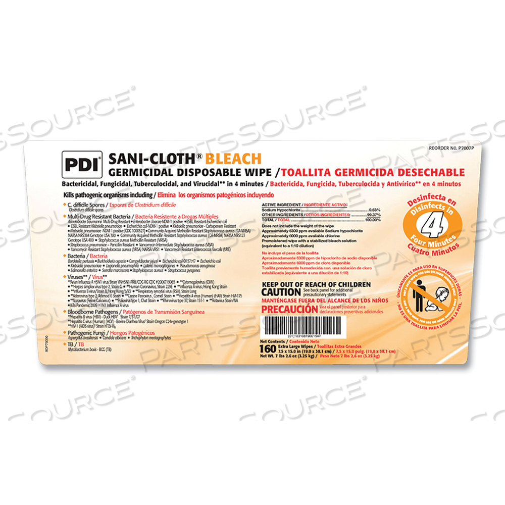 SANI-CLOTH BLEACH GERMICIDAL DISPOSABLE WIPES, 7.5 X 15, UNSCENTED, WHITE, 160/PAIL, 2 PAILS/CARTON by Sani Professional