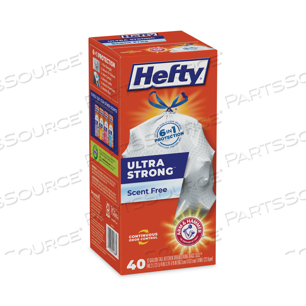 ULTRA STRONG TALL KITCHEN AND TRASH BAGS, 13 GAL, 0.9 MIL, 23.75" X 24.88", WHITE by Hefty