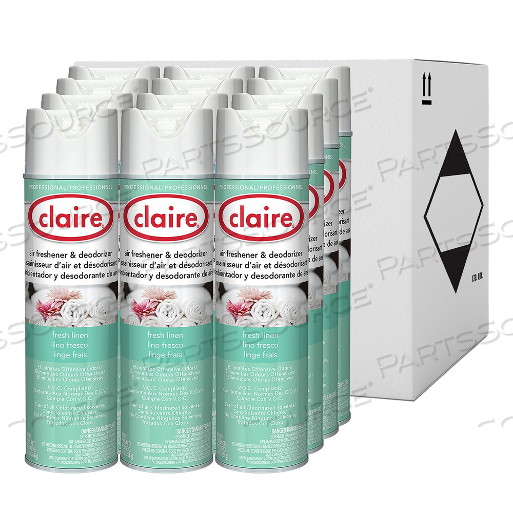 AEROSOL AIR FRESHENER AND DEODORIZER, FRESH LINEN, 10 OZ AEROSOL SPRAY, 12 CANS by Claire AEROSOL AIR FRESHENER AND DEODORIZER, FRESH LINEN, 10 OZ AEROSOL SPRAY, 12 CANS by Claire