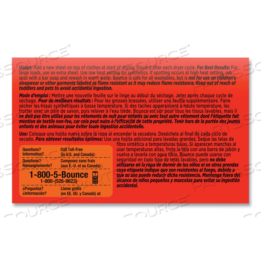 FABRIC SOFTENER SHEETS, OUTDOOR FRESH, 2/BOX, 156 BOXES/CARTON by Bounce