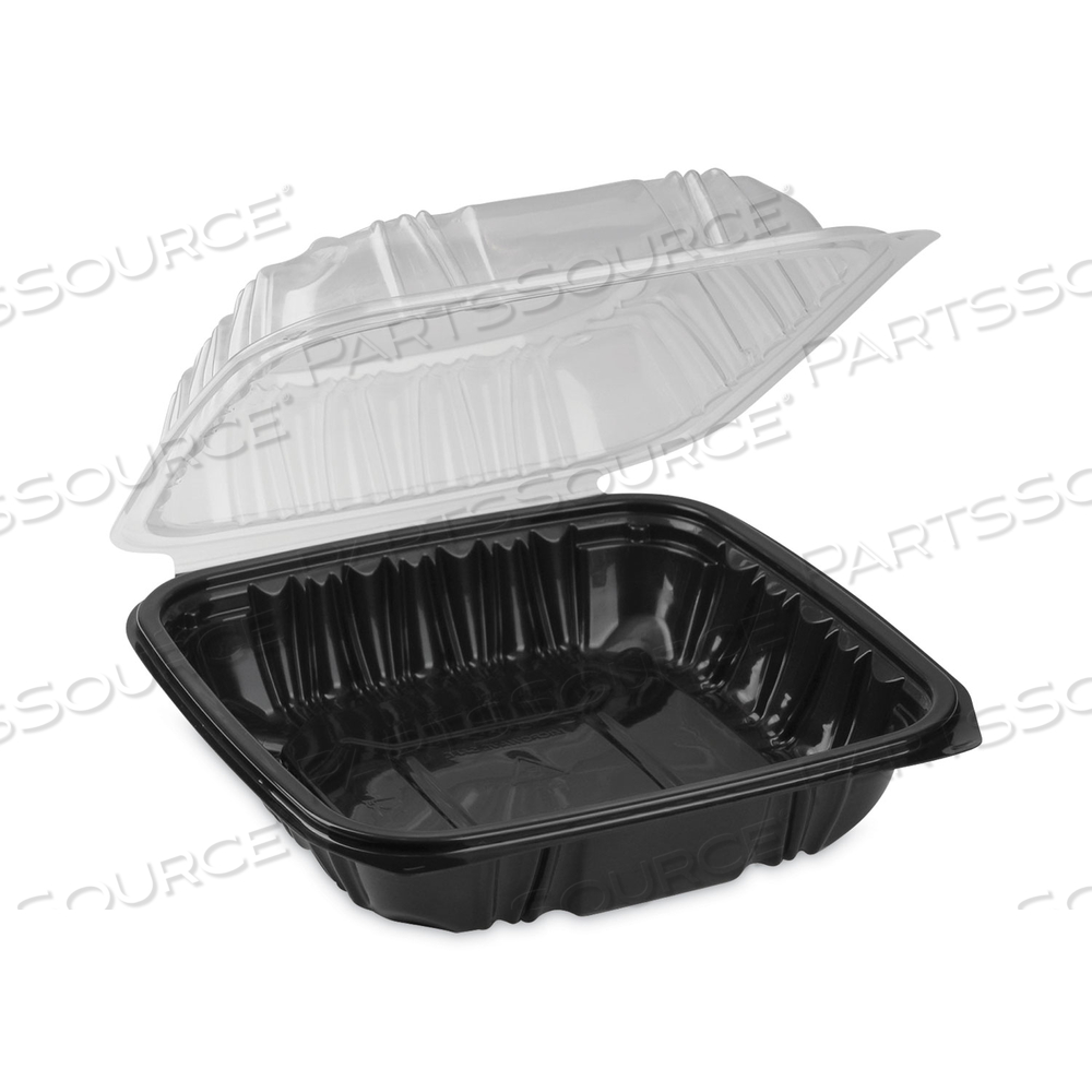 EARTHCHOICE VENTED DUAL COLOR MICROWAVABLE HINGED LID CONTAINER, 1-COMPARTMENT, 38OZ, 8.5X8.5X3, BLACK/CLEAR, PLASTIC by Pactiv