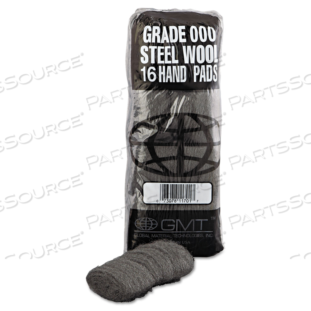 INDUSTRIAL-QUALITY STEEL WOOL HAND PADS, #000 EXTRA FINE, STEEL GRAY, 16 PADS/SLEEVE by GMT