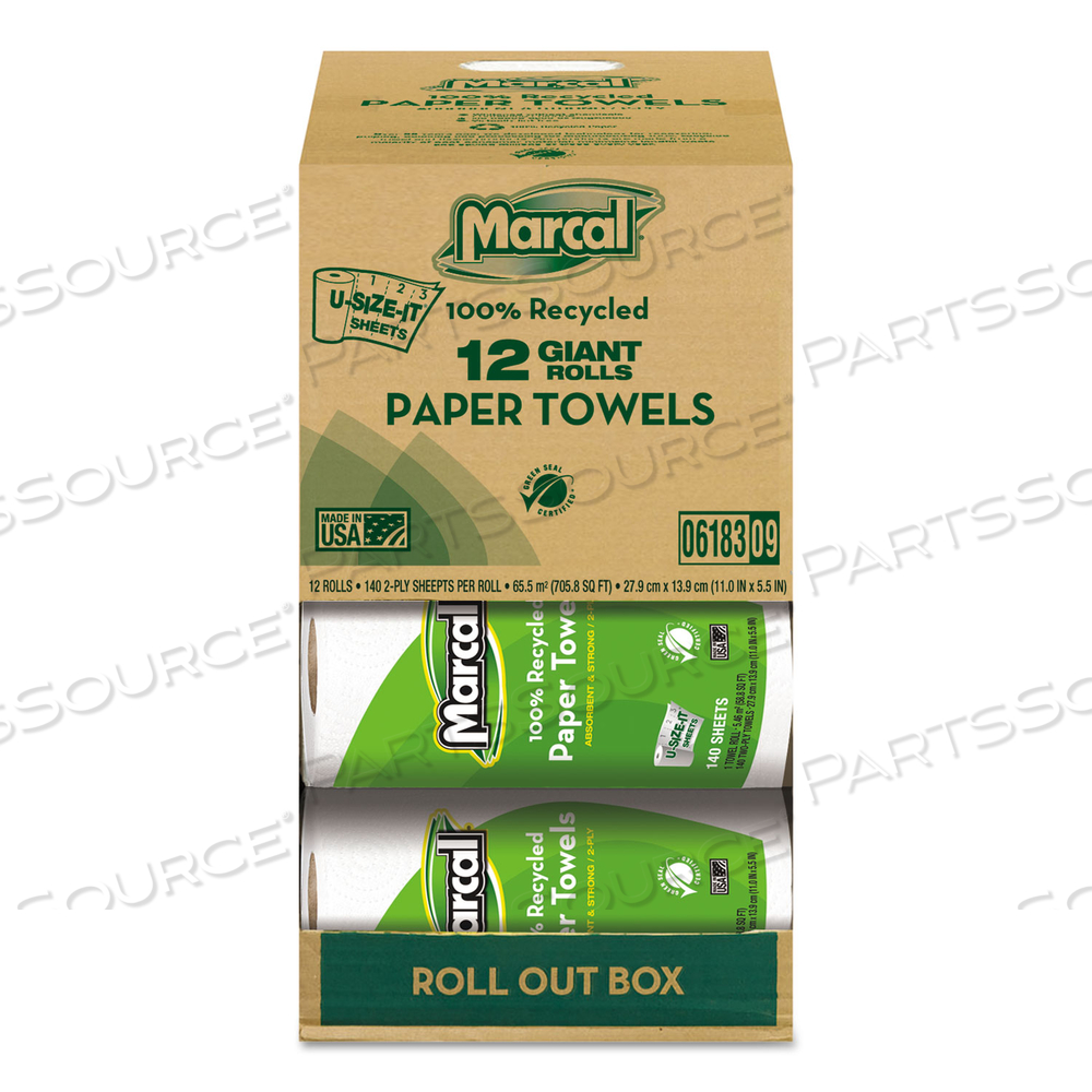 100% PREMIUM RECYCLED KITCHEN ROLL TOWELS, ROLL OUT BOX, 2-PLY, 11 X 5.5, WHITE, 140 SHEETS/CARTON by Marcal