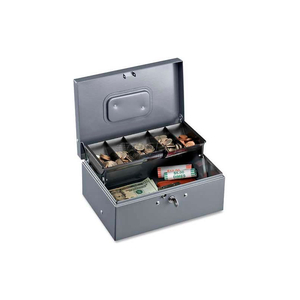 STEEL CASH BOX W/5 COMPARTMENT TRAY KEYED LOCK, 11-13/32"W X 7-1/2"H X 3-13/32"H, GRAY by Sparco Products