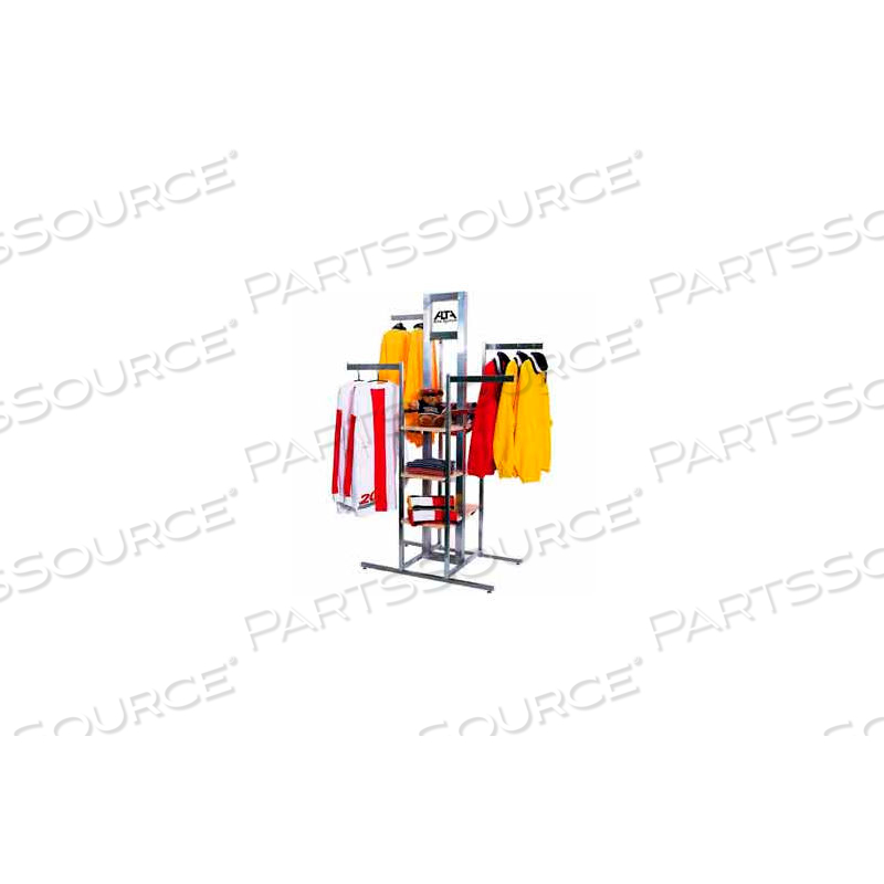 44"L X 24"W X 72"H CROSS MERCHANDISING 4-WAY RACK - SATIN CHROME by Econoco 44"L X 24"W X 72"H CROSS MERCHANDISING 4-WAY RACK - SATIN CHROME by Econoco