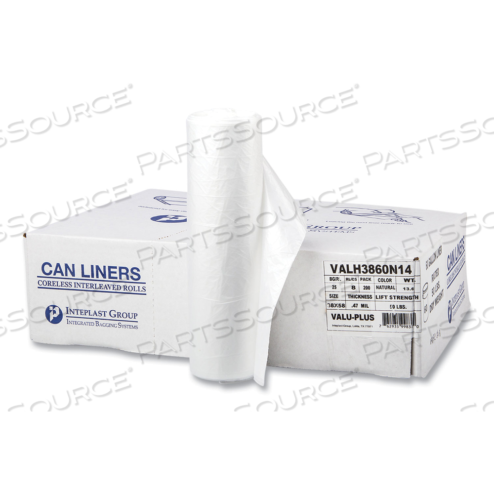 HIGH-DENSITY COMMERCIAL CAN LINERS VALUE PACK, 60 GAL, 12 MICRONS, 38" X 58", CLEAR, 25 BAGS/ROLL by Inteplast Group