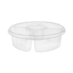 DIP CUP PLATTER, 4-COMPARTMENT, 64 OZ, 10" DIAMETER, CLEAR, PLASTIC by Pactiv DIP CUP PLATTER, 4-COMPARTMENT, 64 OZ, 10" DIAMETER, CLEAR, PLASTIC by Pactiv