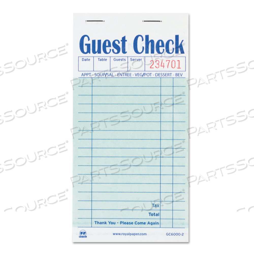 GUEST CHECK PAD, 17 LINES, TWO-PART CARBON, 3.5 X 6.7, 50 FORMS/PAD by Royal Paper
