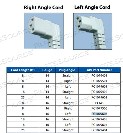 POWER CORD LEFT ANGLE 16 AWG 8FT by Approved Vendor