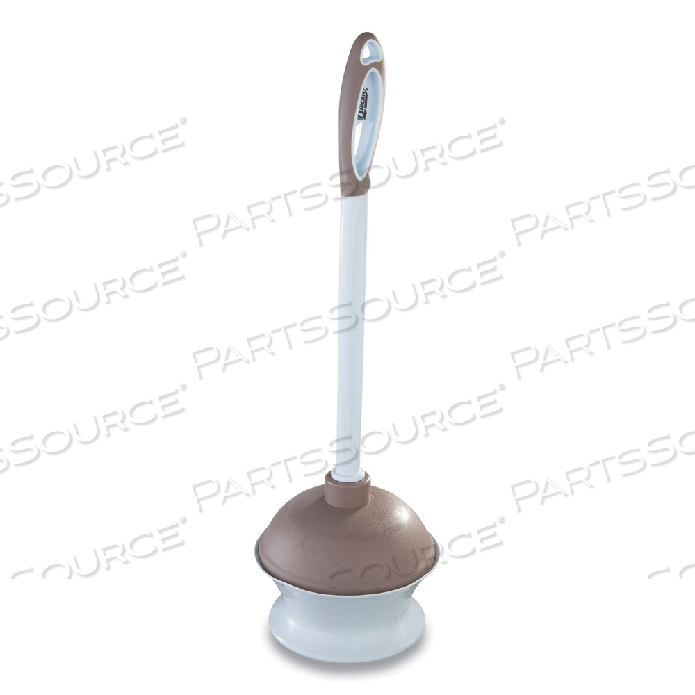 PLASTIC TOILET PLUNGER AND CADDY WITH MICROBAN, 16" PLASTIC HANDLE, 6.5" DIA, WHITE/TAUPE by Quickie
