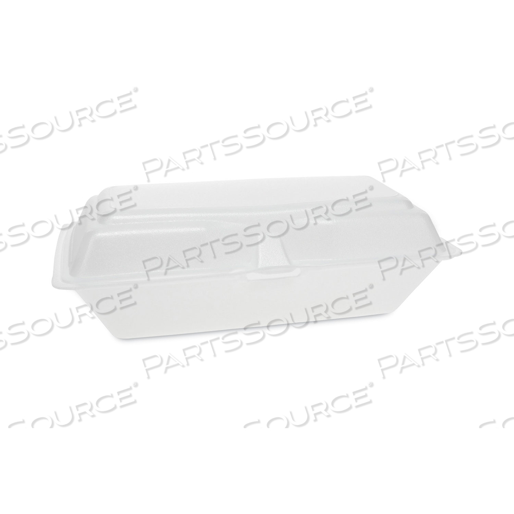 FOAM HINGED LID CONTAINERS, SINGLE TAB LOCK HOAGIE, 9.75 X 5 X 3.25, WHITE by Pactiv FOAM HINGED LID CONTAINERS, SINGLE TAB LOCK HOAGIE, 9.75 X 5 X 3.25, WHITE by Pactiv