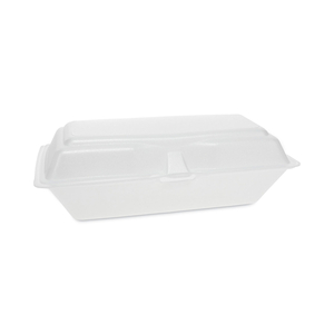 FOAM HINGED LID CONTAINERS, SINGLE TAB LOCK HOAGIE, 9.75 X 5 X 3.25, WHITE by Pactiv FOAM HINGED LID CONTAINERS, SINGLE TAB LOCK HOAGIE, 9.75 X 5 X 3.25, WHITE by Pactiv