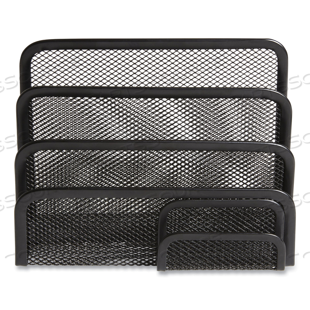 WIRE MESH MAIL SORTER WITH BUSINESS CARD HOLDER, 4 SECTIONS, #6 1/4 TO #16 ENVELOPES, 5.59 X 3.93 X 7.55, MATTE BLACK by TRU RED