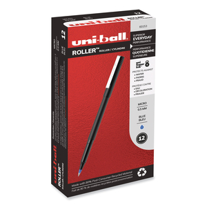 ROLLER BALL PEN, STICK, MICRO 0.5 MM, BLUE INK, BLACK MATTE BARREL by Uni-Ball