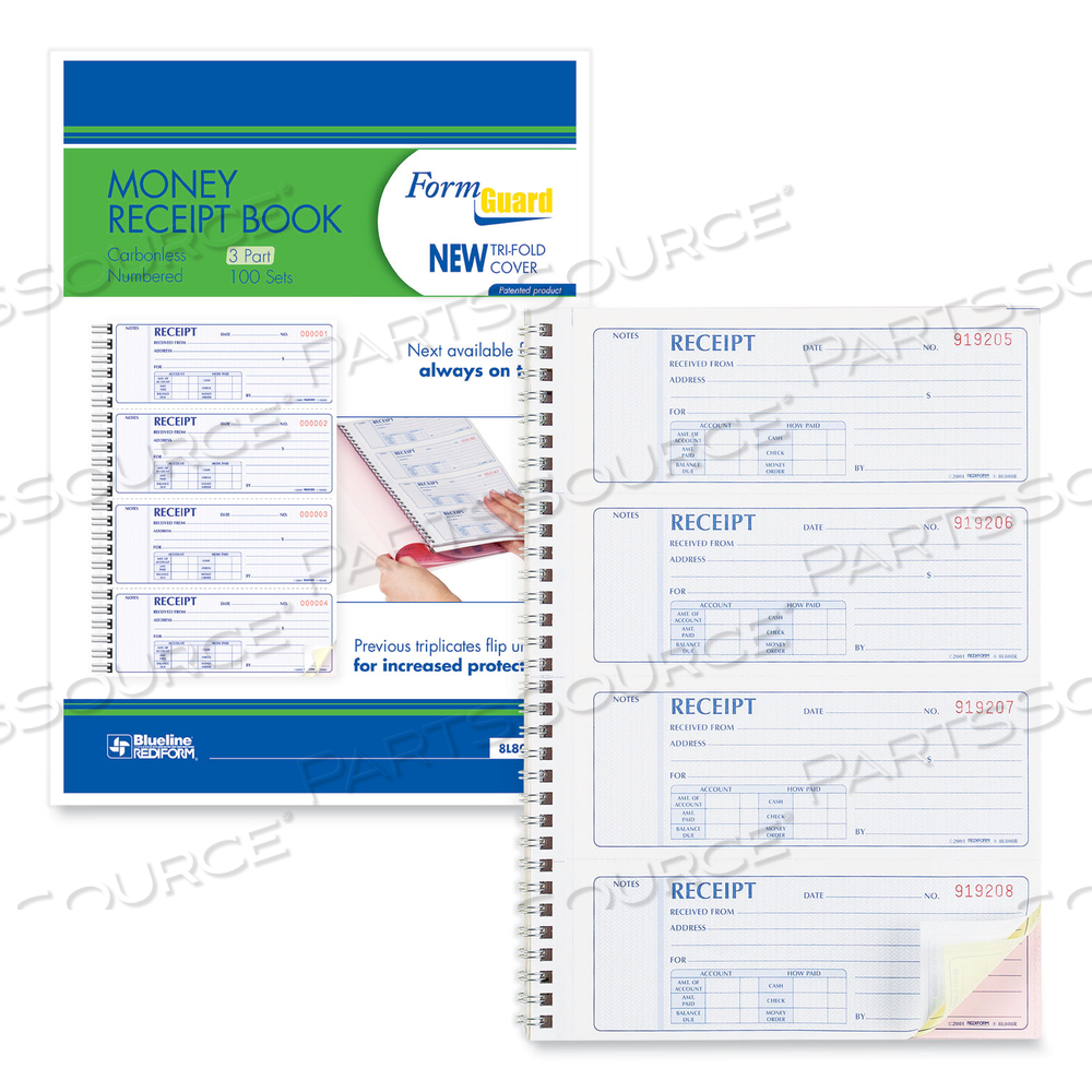 MONEY RECEIPT BOOK, FORMGUARD COVER, THREE-PART CARBONLESS, 7 X 2.75, 4 FORMS/SHEET, 100 FORMS TOTAL by Rediform