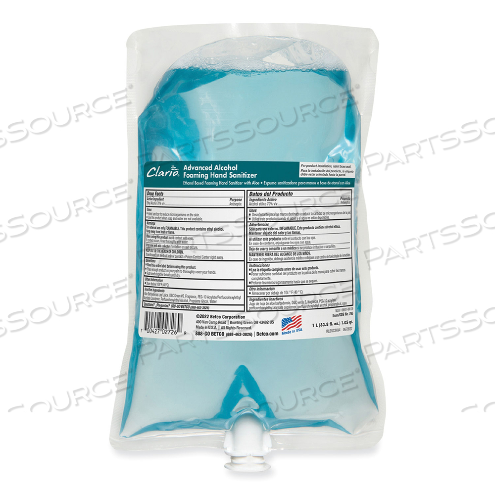 CLARIO ADVANCED ALCOHOL FOAMING SANITIZER, 1,000 ML BAG, CITRUS by Betco Corporation