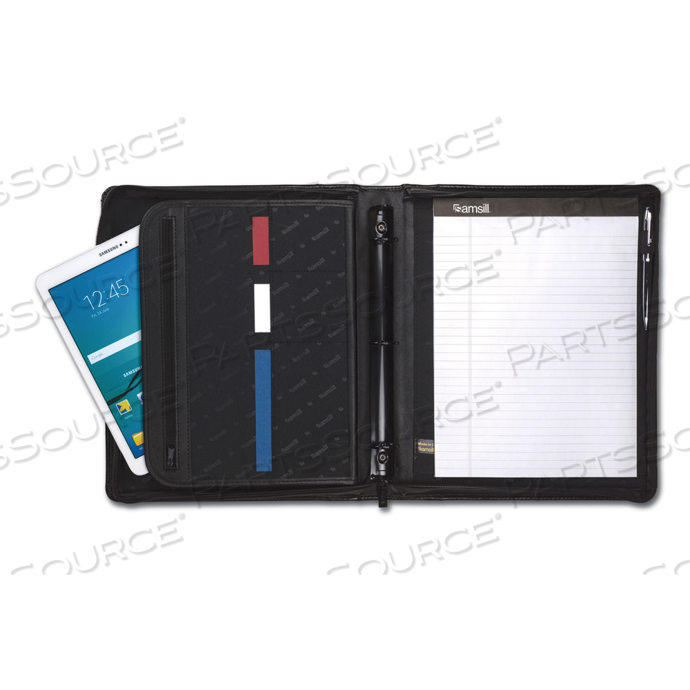 LEATHER MULTI-RING ZIPPERED PORTFOLIO, TWO-PART, 1" CAP, 11 X 13 1/2, BLACK by Samsill