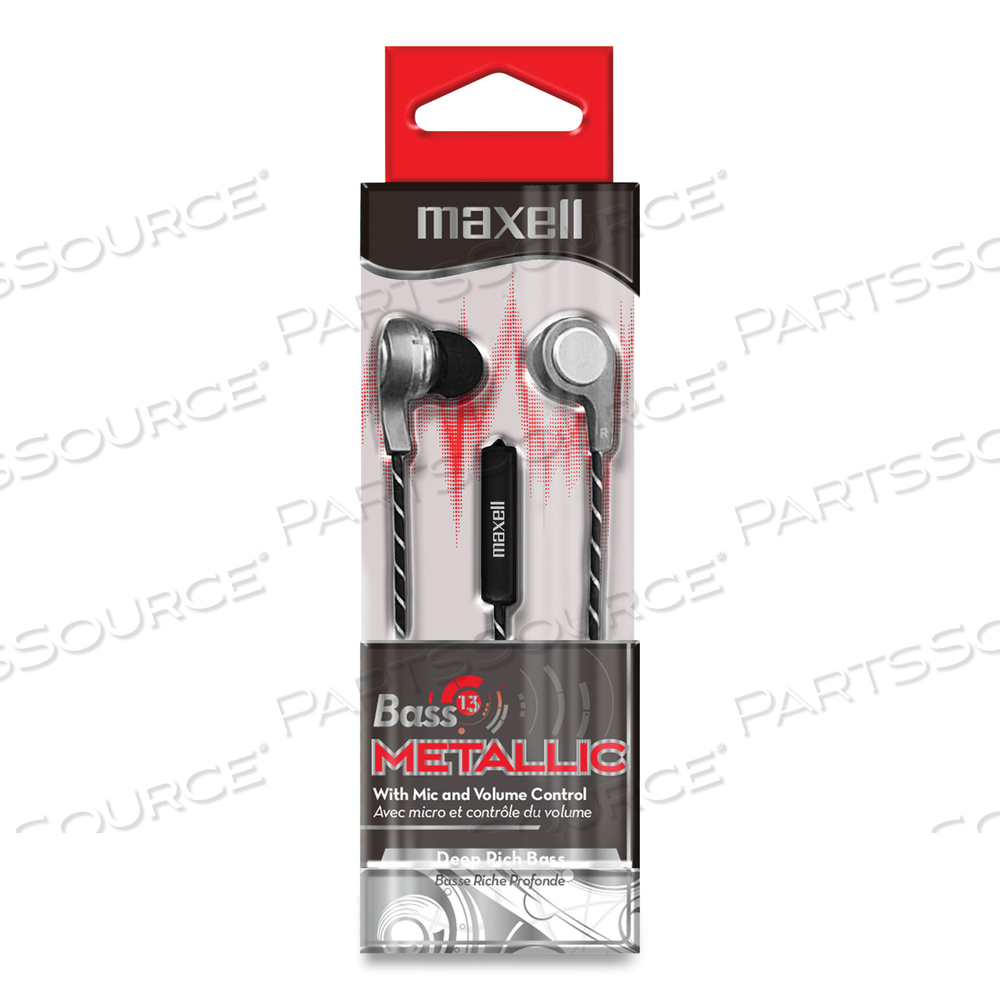 BASS 13 METALLIC EARBUDS WITH MICROPHONE, 4 FT CORD, SILVER by Maxell