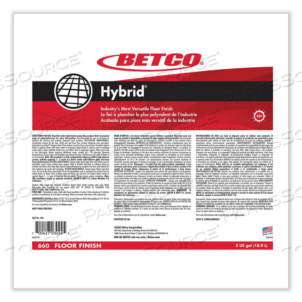 HYBRID FLOOR FINISH, 5 GAL BAG-IN-BOX by Betco Corporation
