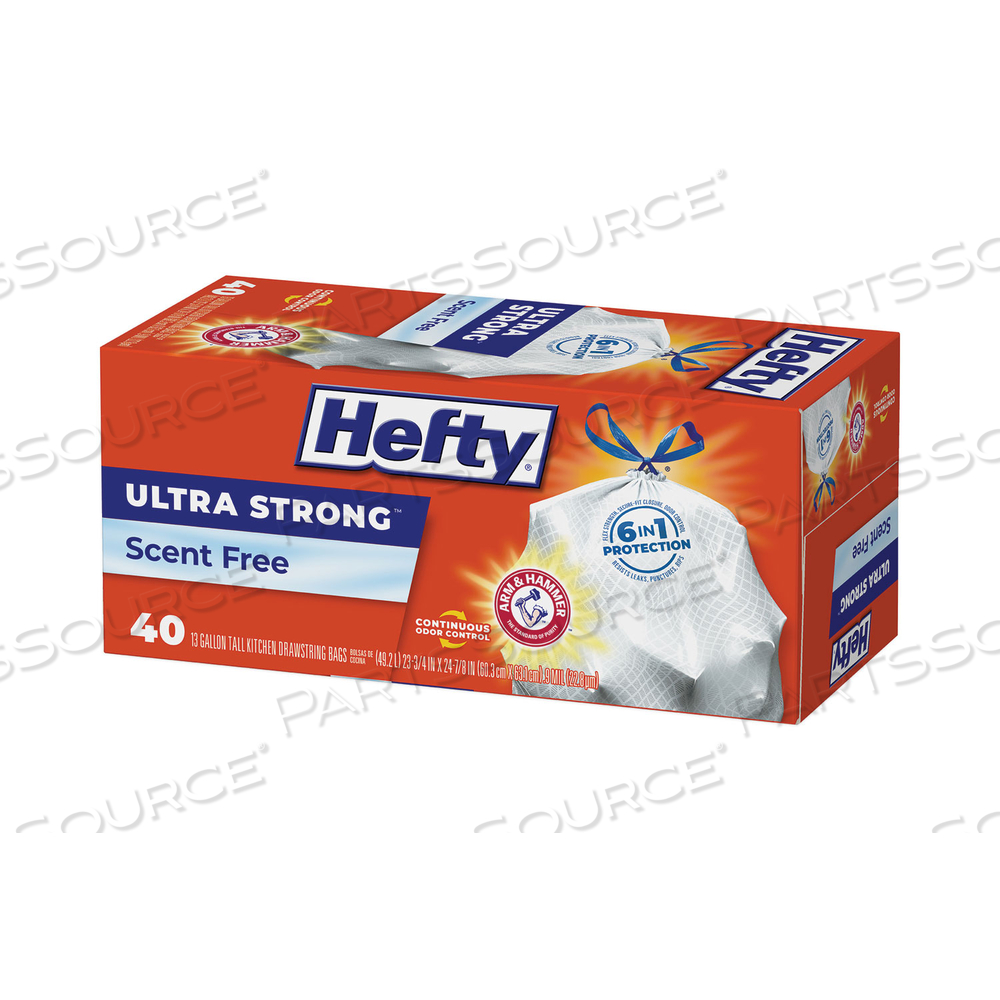 ULTRA STRONG TALL KITCHEN AND TRASH BAGS, 13 GAL, 0.9 MIL, 23.75" X 24.88", WHITE, 40 BAGS/BOX by Hefty ULTRA STRONG TALL KITCHEN AND TRASH BAGS, 13 GAL, 0.9 MIL, 23.75" X 24.88", WHITE, 40 BAGS/BOX by Hefty