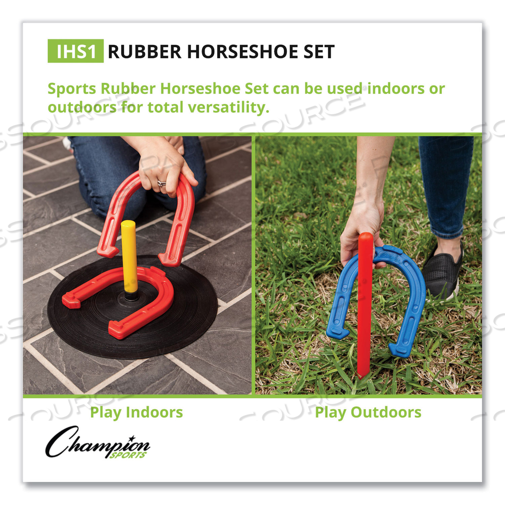 INDOOR/OUTDOOR RUBBER HORSESHOE SET, 4 RUBBER HORSESHOES, 2 RUBBER MATS, 2 PLASTIC DOWELS 