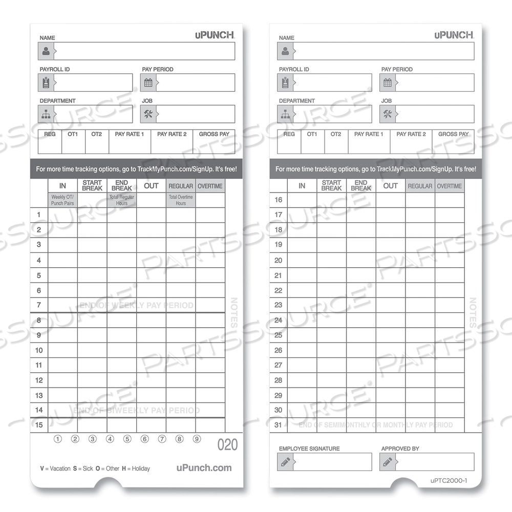 TIME CLOCK CARDS FOR UPUNCH HN4000, TWO SIDES, 7.37 X 3.37 by uPunch