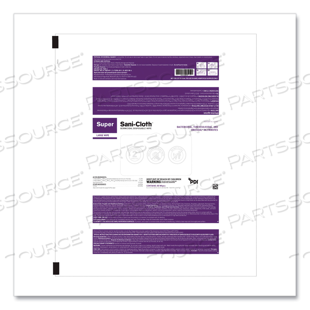 SUPER SANI-CLOTH GERMICIDAL DISPOSABLE WIPES, LARGE, 1-PLY, 8.2 X 9.8, UNSCENTED, WHITE by Sani Professional