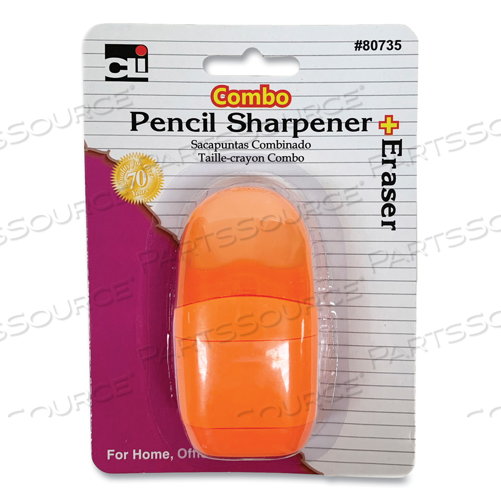 ONE-HOLE PENCIL SHARPENER/ERASER COMBO, 1" X 0.75", RANDOMLY ASSORTED COLORS by Charles Leonard
