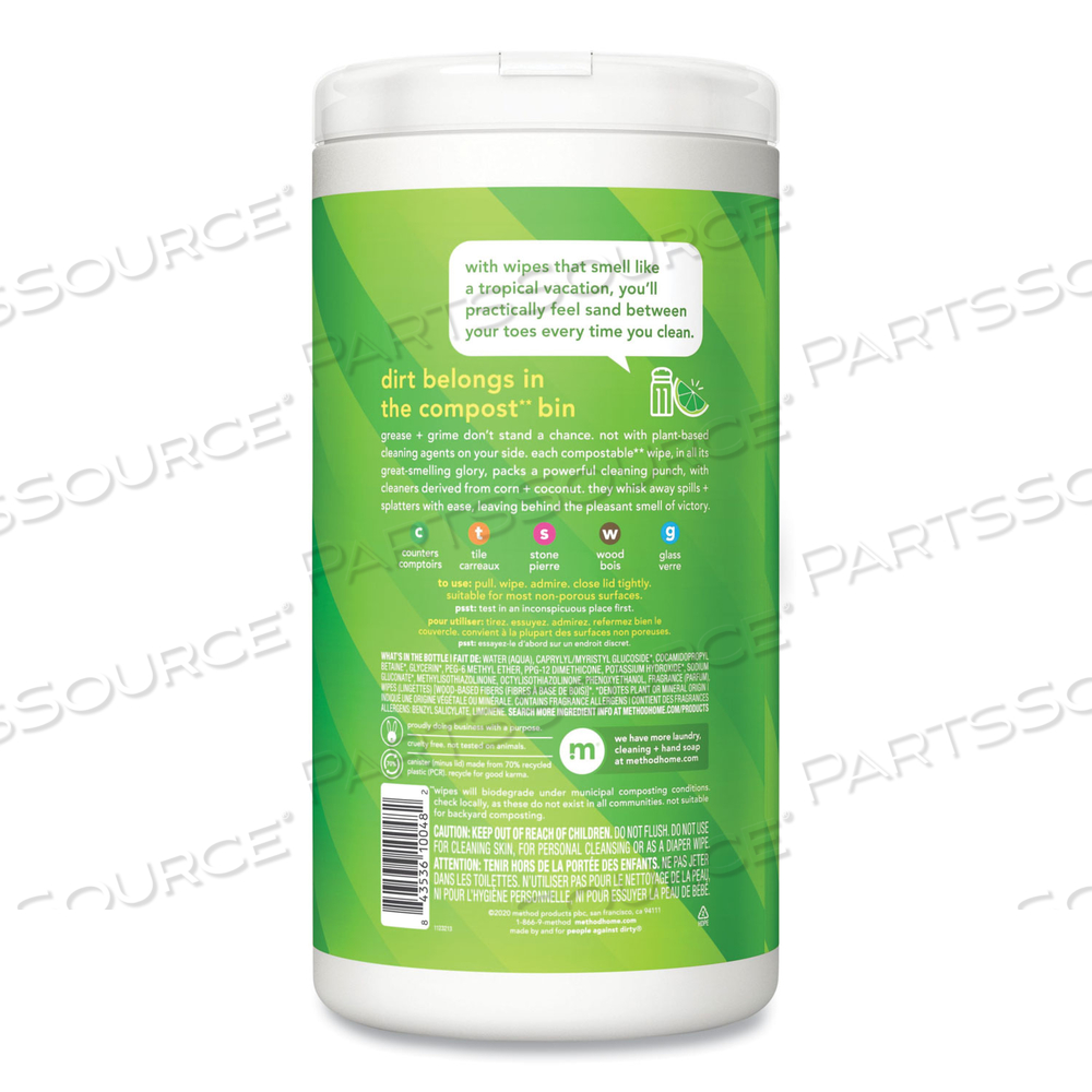 ALL PURPOSE CLEANING WIPES, 1 PLY, LIME AND SEA SALT, WHITE, 70/CANISTER by Method ALL PURPOSE CLEANING WIPES, 1 PLY, LIME AND SEA SALT, WHITE, 70/CANISTER by Method