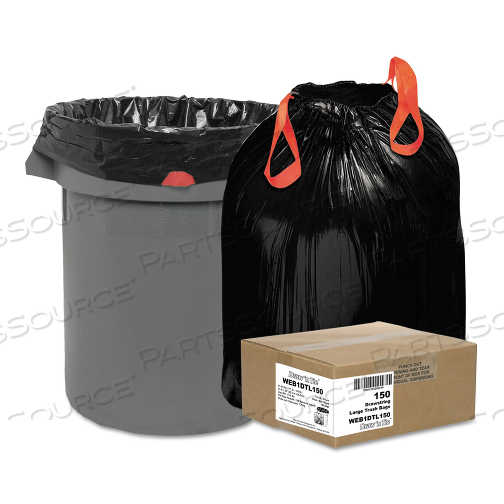 HEAVY-DUTY TRASH BAGS, 33 GAL, 1.2 MIL, 33.5" X 38", BLACK, 25 BAGS/ROLL/BOX by Draw 'n Tie