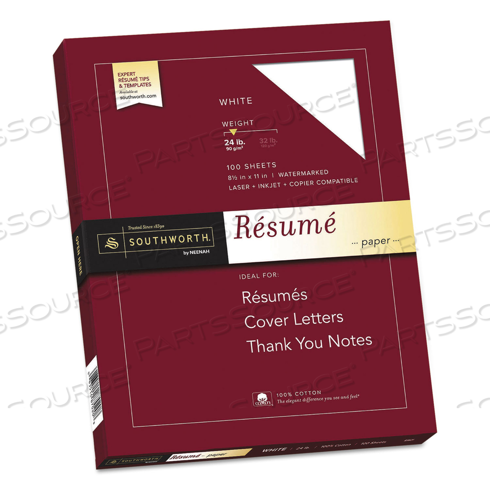 100% COTTON RESUME PAPER, 95 BRIGHT, 24 LB BOND WEIGHT, 8.5 X 11, WHITE by SOUTHWORTH PRODUCTS CORP