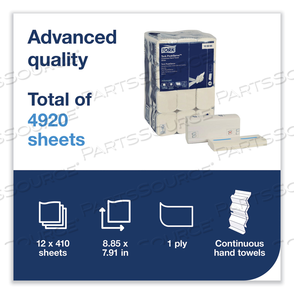 PEAKSERVE CONTINUOUS HAND TOWEL, 7.91 X 8.85, WHITE, 410 WIPES/PACK by Tork PEAKSERVE CONTINUOUS HAND TOWEL, 7.91 X 8.85, WHITE, 410 WIPES/PACK by Tork